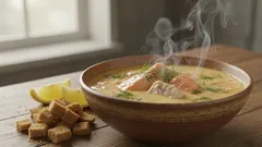 Höyryävä keitto kulhossa, mukana leipäkuutioita ja sitruunalohkoja pöydällä.